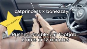 Rushed double fj on way to airport! Cat gave orders and countdowns for first time ever. Extreme cum shower double nut car footjob, Cat Princess at it again draining Bonezzay anywhere and everywhere, 2x back to back, size 9 milf feet on bbc, dreamy