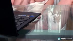 Busty Amber Bloom takes a steamy break at the office