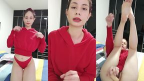 beautiful white girl in red sweater masturbates hard