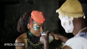 Amateur ebony girls share a big dick after ancient African ritual - threesome