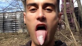 Chewing and Swallowing Own Cum Outdoor