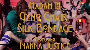 Gyno Chair Silk Bondage, Double Domme Tease and Tie of a Helpless Chastity Sub with Silk Scarves