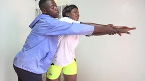in the gym with her coach where she is sent in the air during training and gym sessions