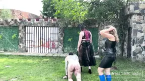 Merciless dommes get their smelly armpits licked in rough BDSM session