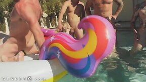Schlong flopping transgender wild party in pool - genderx