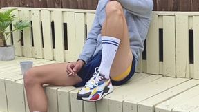 Smoking scally lad wanks and shoots his load down an alley