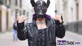 A metal head girl wearing weird mask gets picked up on the street and fucked nicely in bed