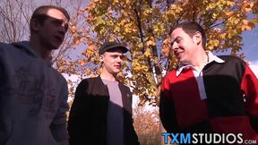 Intense anal fucking and cock sucking threesome in a car