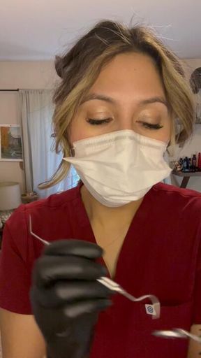 5 min POV Dental exam while cleaning your teeth I notice your boner so I encourage you to jerk off to me and cum on m black nitrile gloves s