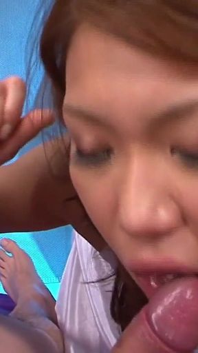 Asian Sex Fest Scene 1: Beautiful Japanese Girl Runa Sezaki in a Dress Sucking Three Cocks at Once