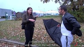 Chubby babe gives a deepthroat blowjob under an umbrella in a van