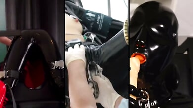 Submissive in latex restraints receives electro play under clinical lights