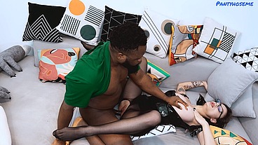 Sexy Brunette Maddy Moon Has Sex With Her First Black Guy and Wears Pantyhose For Him