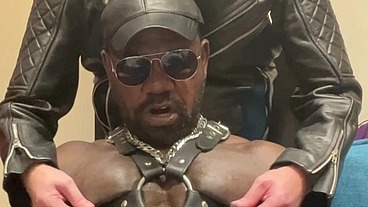 Black Bodybuilder Dominates White Leather Clad Sub in Nipple Play Scenes