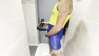 Muscular jock in new singlet jerks big uncut cock with vibrator and cums hard