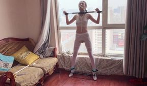 standing bondage in pantyhose and anal hook