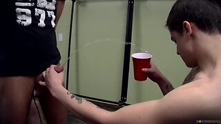 Cocksucker Bryce Corbin blindfolded and pissed on sex fest