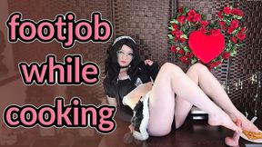 Barefoot Maid Footjob while Cooking with Batter on Legs