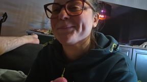 Took my cock out and got helped by working girl in glasses