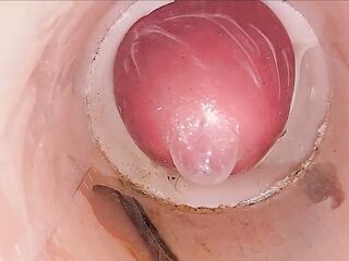 The camera in the unfathomable vagina records a massive spunk fountain of jizz into the cock-sock