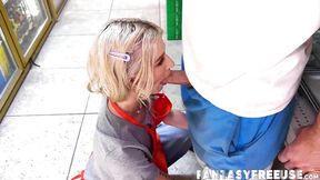 Two sexy teens Emma Rosie and Rose Carter get fucked hard in public