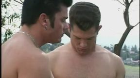 Blond slut takes DP during threesome in outdoors park then gets facial