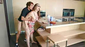 Busty stepmom motivates lazy stepson to help with baking by fucking him hard in the kitchen