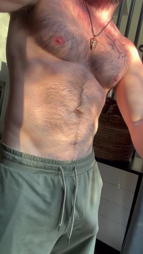 Hairy man with a thick bulging cock in public