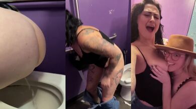 Busty brunettes piss in bar bathroom while sucking tits raw hardcore