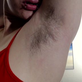 Long dark hairy armpits closeup