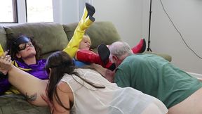 sgbg2-1) batgirl (monica sexxxton) and supergirl (karlee paige) in a fuck and suck superheroine threesome girl-girl orgy