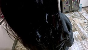 bathrobe milf hair drying and brushing blowjob with cum in my hair