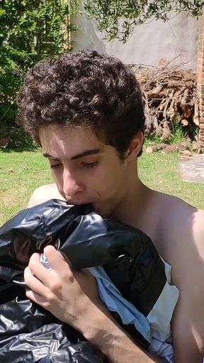 Beautiful Man Inflates His Inflatable Whale Near Pool Outside