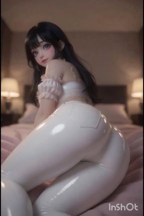 Pretty dark-haired anime girl, white leather pants