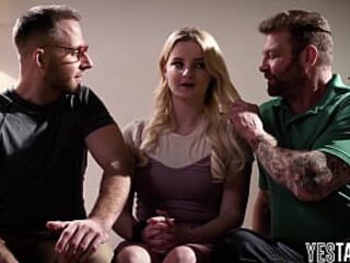Chubby blonde teen gets big ass double penetrated in a hardcore threesome