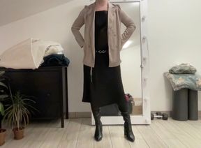 Black satin fetish long dress and silk jacket and high heels overknee boots and my cock hard and horny. Suck me gently