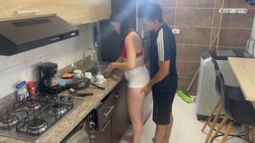 Amateur Latino couple have sex in the kitchen while their stepparents are away.