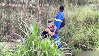 Naughty employee followed employee into the forest for a wild dando and a messy finish