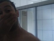 bear man / fat man taking a shower