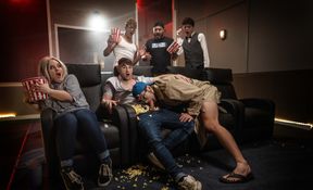 Dudes skip the movie to try threesome sex