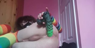 Twink in Rainbow Stockings Playing with Dildo