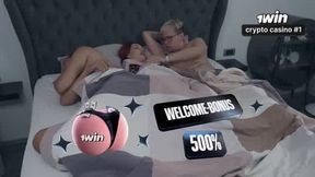 Step Mom seduces step friend in stormy bed share, husband sees creampie.