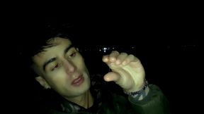 Outdoor Night Walking with Face Covered by Cum and Cum Tasting