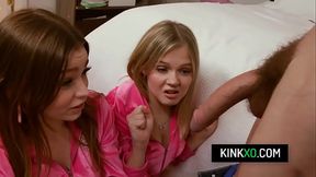 Sexy teen stepsisters Coco Lovelock and Mazy Myers blow their stepbrother'_s cock and let him fuck them in exchange for his help