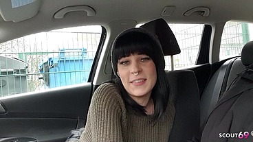 German Teen Marie Saint give Cheating Blowjob at Car to Stranger and swallow while her Boyfriend waiting upstairs