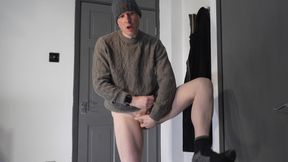 Man strips to just hat wanks his soft little cock till he cums, cum sprays as he ejaculates from his uncut shaved erection