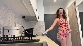 Sexy and hot long legs beauty in the kitchen takes off her underwear in a transparent lingerie with seethrough panties