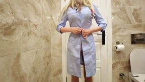 Fit nurse with hefty tits wanks in hospital toilet for subscribers