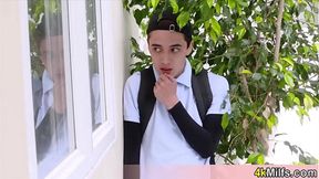 Busty stepmom Ivy caught her stepson peeping on her so its time for a little discipline