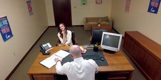 Busty milf Lina Paige sucks Principal's cock while Dan Steele watches